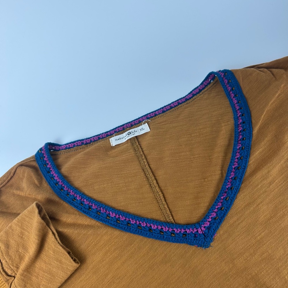 Natural Life WMNS XL Ochre Brown Slub Knit Crochet Trim V-Neck Oversized Top